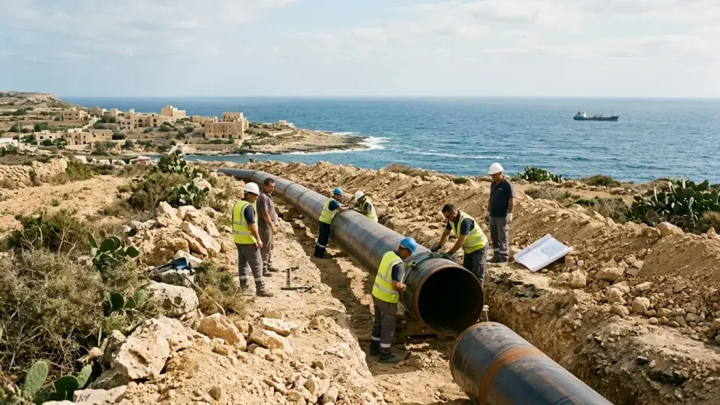 Construction workers in safety vests and helmets install a large pipeline along a rocky coastal site by the sea.