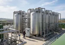 Pressurized Electrolysis Reducing Green Hydrogen Costs Industrial processing plant with large stainless steel tanks and extensive piping; a worker in safety gear walks between tanks.