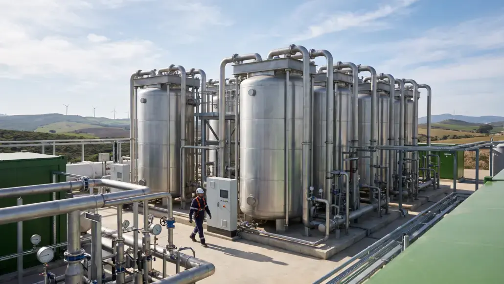 Industrial processing plant with large stainless steel tanks and extensive piping; a worker in safety gear walks between tanks.