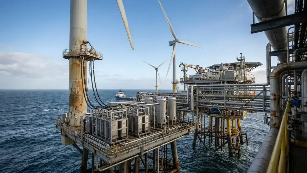 Offshore energy platform featuring wind turbines and an industrial rig over the blue ocean sea.”