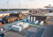 Smart Hydrogen Hub Selects AEM Nexus 2500 From Enapter Industrial port with wind turbines, solar panels, and hydrogen energy infrastructure on a fenced plant site by the water.