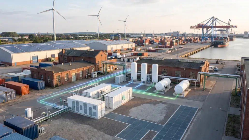 Industrial port with wind turbines, solar panels, and hydrogen energy infrastructure on a fenced plant site by the water.