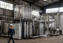 Solid Oxide Electrolyzers Powering Industrial Hydrogen Industrial plant interior with large stainless steel tanks, pipes, and a worker in a hard hat walking past equipment in a factory setting.
