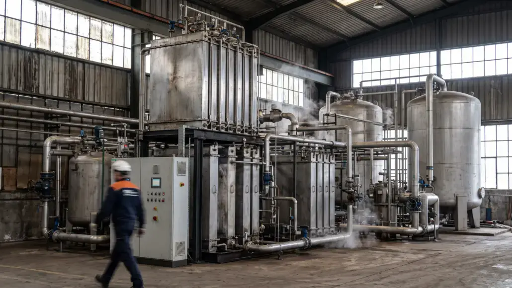 Industrial plant interior with large stainless steel tanks, pipes, and a worker in a hard hat walking past equipment in a factory setting.