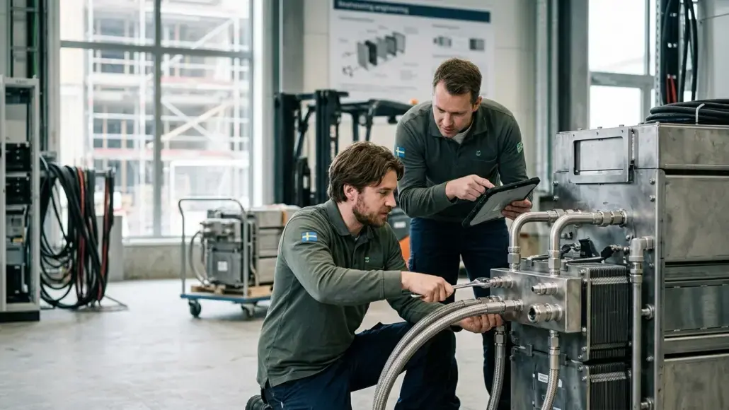 Two technicians in green shirts inspect and adjust industrial machinery with hoses in a workshop's spacious room and large windows.]