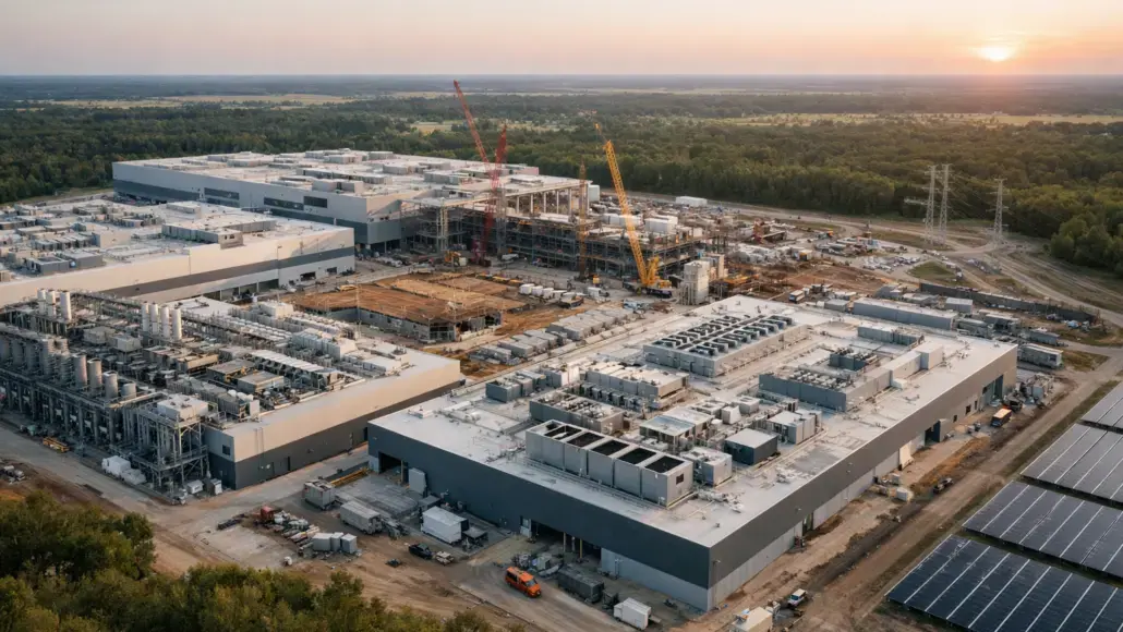 Aerial view of a large industrial campus under construction with two cranes, scaffolding, and solar panels at sunset.