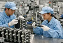 AEM Electrolyzer Stack Manufacturing in China by Enapter Two factory workers in blue uniforms inspect and assemble metal components on a production line.