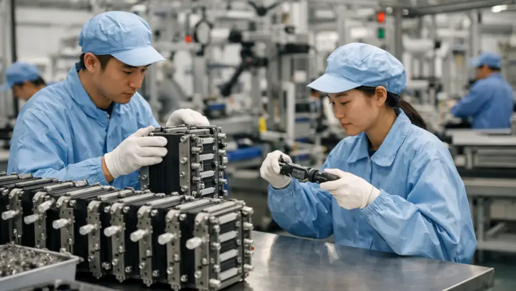 Two factory workers in blue uniforms inspect and assemble metal components on a production line.