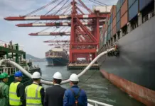 Biomethanol Bunkering Operation Boost by Shanghai Electric Workers in hard hats and high-visibility vests connect a large hose between a docked container ship and another vessel at a busy port with red gantry cranes overhead.
