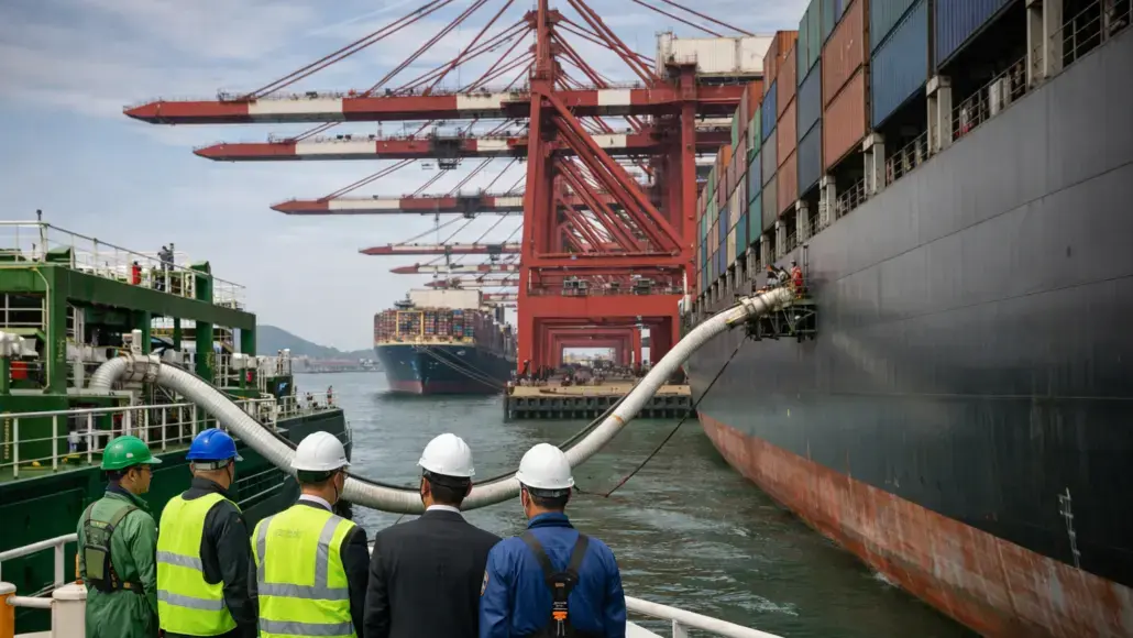 Workers in hard hats and high-visibility vests connect a large hose between a docked container ship and another vessel at a busy port with red gantry cranes overhead.