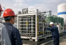 Chinese Electrolyzer Makers Impact Global Hydrogen Equipment Workers in hard hats inspect a large, pipe-filled industrial machine at an outdoor plant.