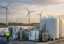 Dutch Subsidy Program For 400 MW Renewable Hydrogen Approved Industrial site with large white storage tanks, complex piping, and a worker in a high-visibility vest; wind turbines on the horizon.