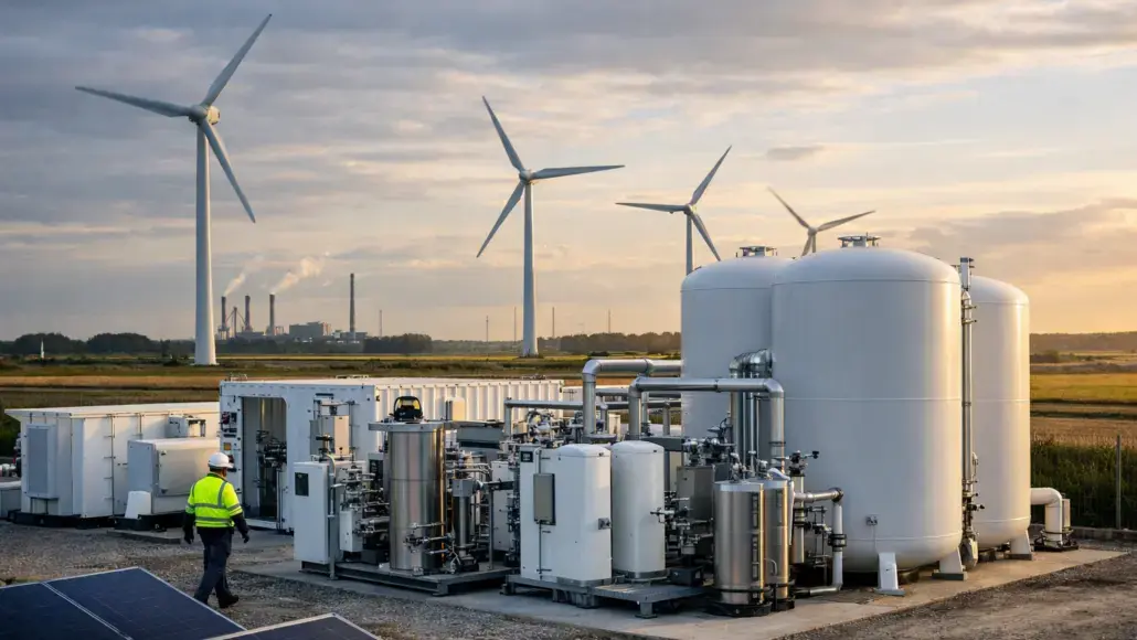 Industrial site with large white storage tanks, complex piping, and a worker in a high-visibility vest; wind turbines on the horizon.
