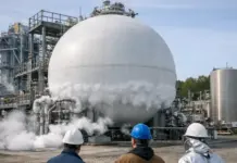 First Fill of Non-Vacuum LH2 Test Tank Completed by CB&I Large white spherical storage vessel at an industrial plant emitting steam, with three workers wearing hard hats in the foreground.