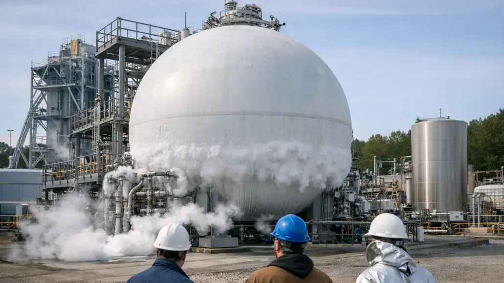 Large white spherical storage vessel at an industrial plant emitting steam, with three workers wearing hard hats in the foreground.