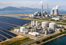 MoU Inked for 320MW Green Hydrogen Production in South Korea Industrial complex with solar panels, hydrogen storage tanks, and cooling towers by the coast.