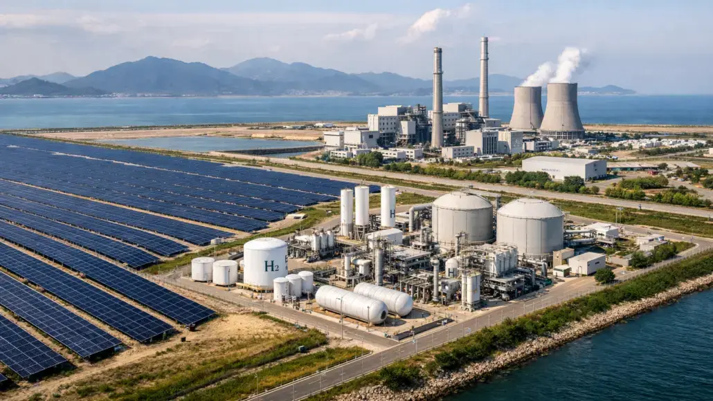 Industrial complex with solar panels, hydrogen storage tanks, and cooling towers by the coast.