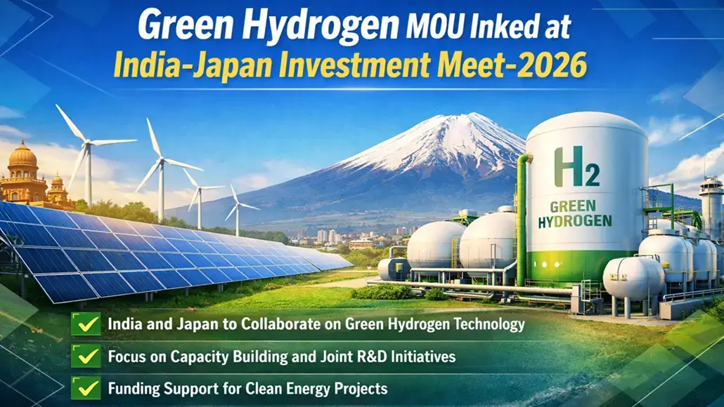 Banner announcing India–Japan Investment Meet 2026 for a Green Hydrogen MOU, featuring solar panels, wind turbines, and a green hydrogen plant with an H2 tank.