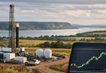 Land Acquisition in Nova Scotia Puts Primary Hydrogen Ahead Oil drilling site with a tall derrick, storage tanks, and vehicles near a lake, with wind turbines visible on the horizon.