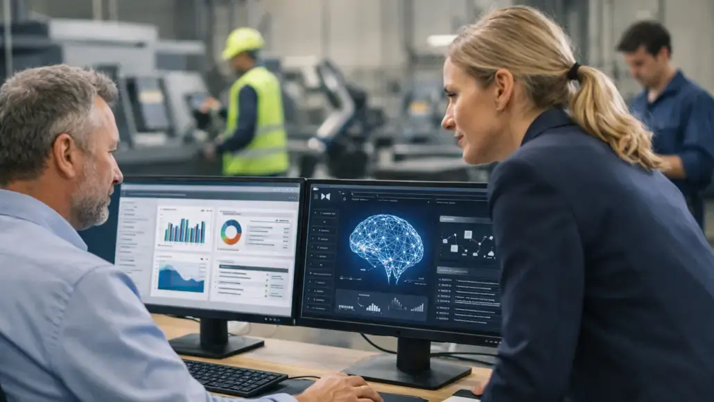 Two professionals review data dashboards on dual monitors, including charts and a neural network image, in a modern control room.
