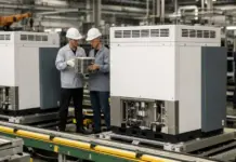 Mass Production System for Korean-Style SOFC by HD Hydrogen Two workers in hard hats inspect a metal component on an industrial production line with large white machines nearby.