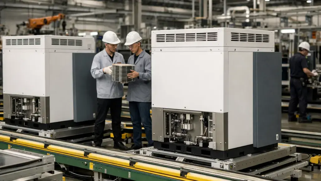 Two workers in hard hats inspect a metal component on an industrial production line with large white machines nearby.