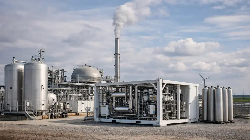 Industrial processing facility with large stainless tanks, complex piping, and a tall smokestack against a blue sky.