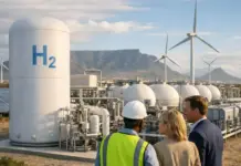 First Close of SA-H2 Fund from Climate Fund Managers Group of professionals at a hydrogen energy plant with large H2 storage tank, wind turbines, and solar panels in the background.