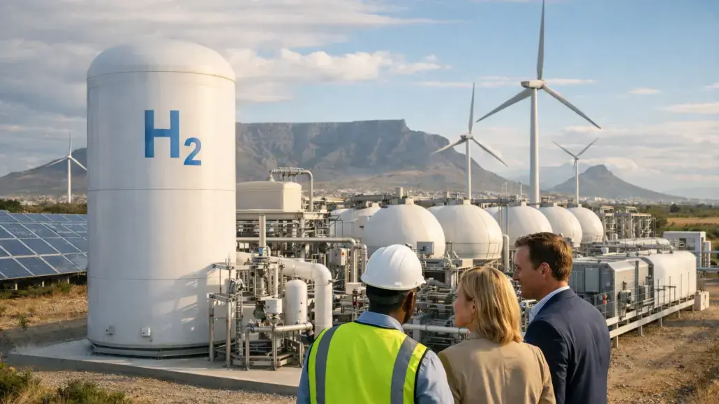 Group of professionals at a hydrogen energy plant with large H2 storage tank, wind turbines, and solar panels in the background.