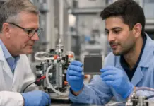 Partnership on Ultra-Low Iridium Porous Transport Electrodes Two scientists in lab coats and blue gloves examine a square electronic component above a complex instrument in a lab setting.