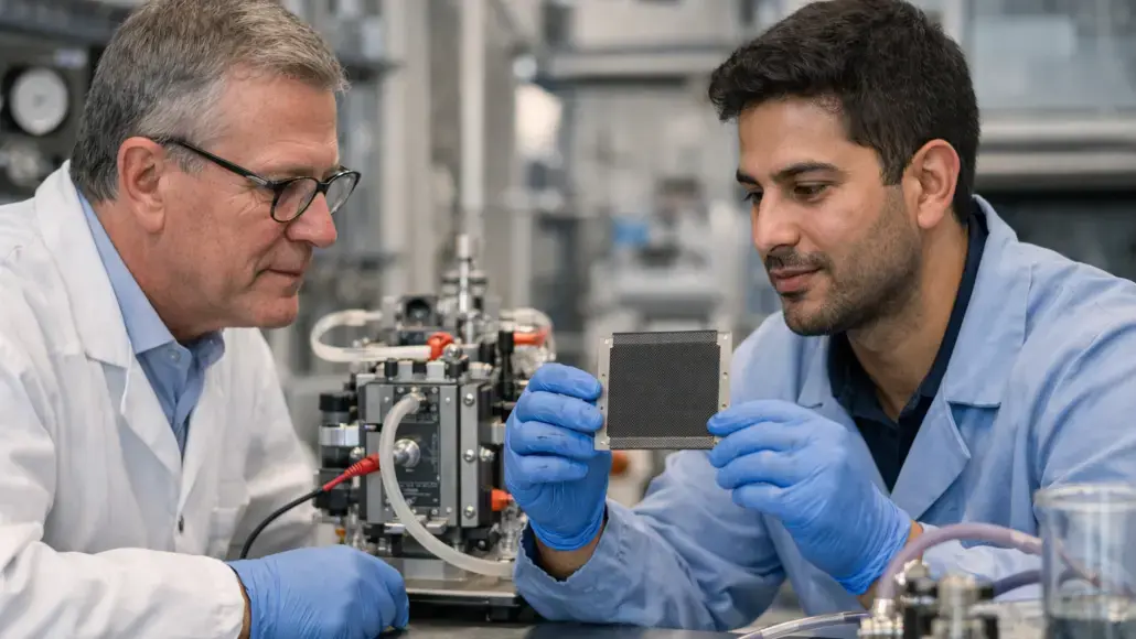 Two scientists in lab coats and blue gloves examine a square electronic component above a complex instrument in a lab setting.
