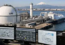 Ability System 800xA DCS For Kawasaki LH2 Terminal Portside hydrogen liquefaction plant (LH2) with a large white spherical tank, processing equipment, and a docked support ship; operators monitor control screens in the foreground.