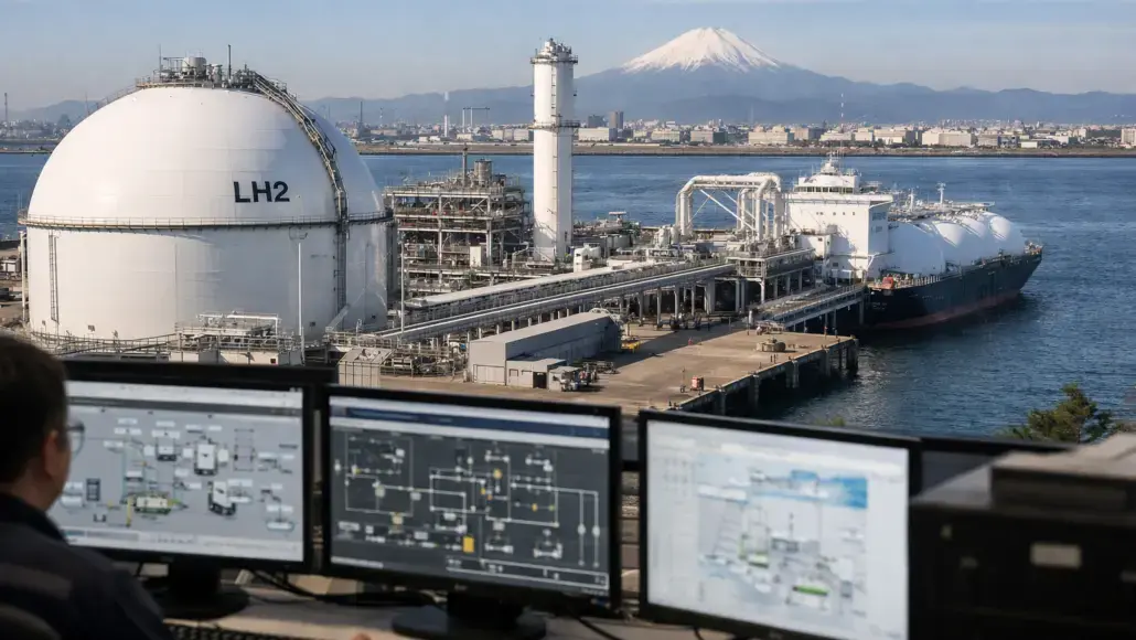 Portside hydrogen liquefaction plant (LH2) with a large white spherical tank, processing equipment, and a docked support ship; operators monitor control screens in the foreground.