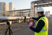 AI Enhancing Hydrogen Plant Safety and Leak Detection Worker in high-visibility vest and hard hat points along a pipeline at an industrial facility while holding a thermal-imaging tablet; tripod-mounted sensor nearby.