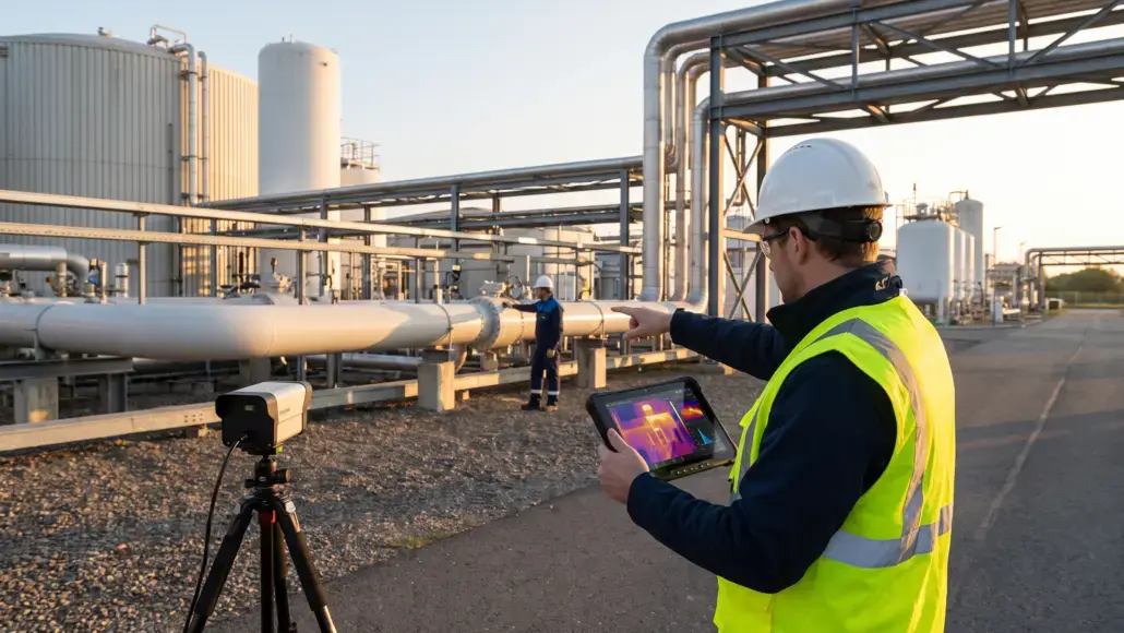 Worker in high-visibility vest and hard hat points along a pipeline at an industrial facility while holding a thermal-imaging tablet; tripod-mounted sensor nearby.