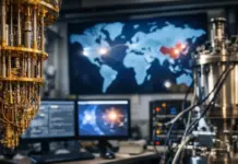 Plans to Introduce American Quantum Competitiveness Act High-tech lab with intricate gold-colored equipment on the left and control room monitors displaying a world map in the background.