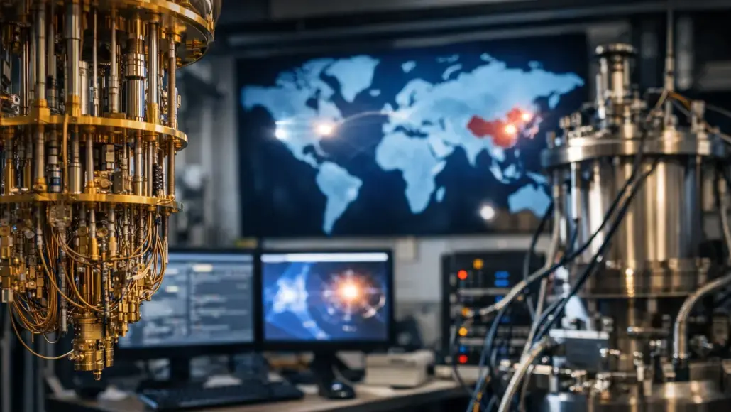 High-tech lab with intricate gold-colored equipment on the left and control room monitors displaying a world map in the background.