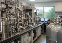 Broadened Hydrogenation Standards from Air Products Complex laboratory setup with stainless steel pumps, gauges, and tubing along a benchtop, with gas cylinders on the right side of the room.