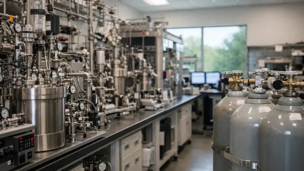Complex laboratory setup with stainless steel pumps, gauges, and tubing along a benchtop, with gas cylinders on the right side of the room.