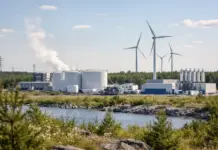 Cooperation Agreement on Hydrogen Project in Finland Industrial power plant with large storage tanks and wind turbines on a riverbank in a green landscape.