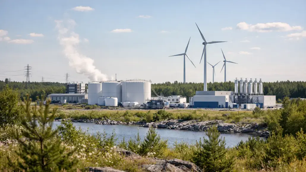 Industrial power plant with large storage tanks and wind turbines on a riverbank in a green landscape.