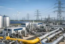 Steps Taken on Cooperation on Hydrogen by Japan and Slovenia Industrial energy facility with large storage tanks, a network of metallic pipes, wind turbines in the background, and power lines under a blue sky.