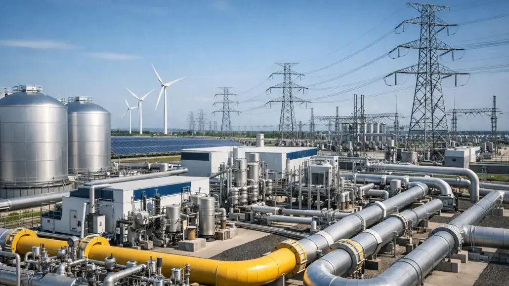 Industrial energy facility with large storage tanks, a network of metallic pipes, wind turbines in the background, and power lines under a blue sky.
