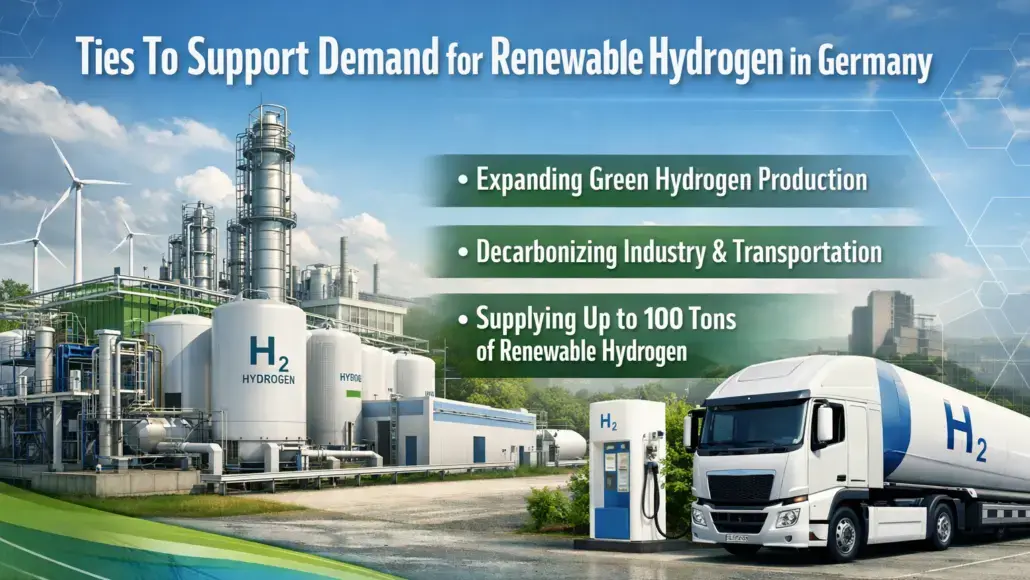 Infographic illustrating renewable hydrogen in Germany: a production plant, H2 fueling station, and a hydrogen truck with three bullet benefits shown: expanding green hydrogen production; decarbonizing industry & transportation; supplying up to 100 tons of renewable hydrogen.