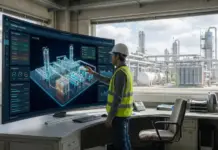 Digital Twins and AI Transforming Hydrogen Plant Operations Engineer in a safety vest and hard hat points at a 3D hydrogen production plant model on a large curved monitor in an industrial control room.