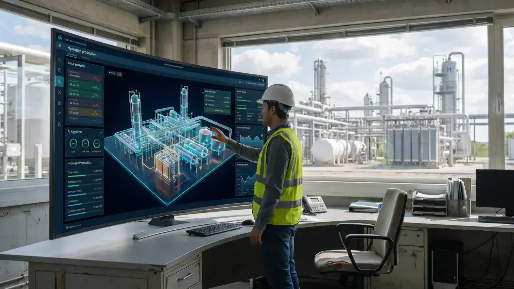 Engineer in a safety vest and hard hat points at a 3D hydrogen production plant model on a large curved monitor in an industrial control room.