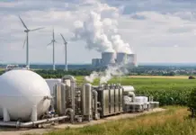 Germany Allocates €9 Billion to Expand Green Hydrogen Role Industrial energy site in a rural field with a large white spherical tank, stainless pipes, and smokestacks emitting steam; wind turbines in the distance.