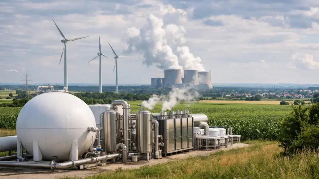 Industrial energy site in a rural field with a large white spherical tank, stainless pipes, and smokestacks emitting steam; wind turbines in the distance.