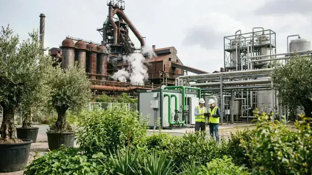 Two workers in hard hats and high-visibility vests inspect equipment at an industrial plant with green piping and smokestacks outside. (informative)