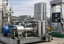 H2Y Hydraulic Booster to the UK Market Introduced Industrial skid-mounted pump system with a blue motor, stainless steel pipes, and filtration units at an outdoor facility with a control panel in the background.